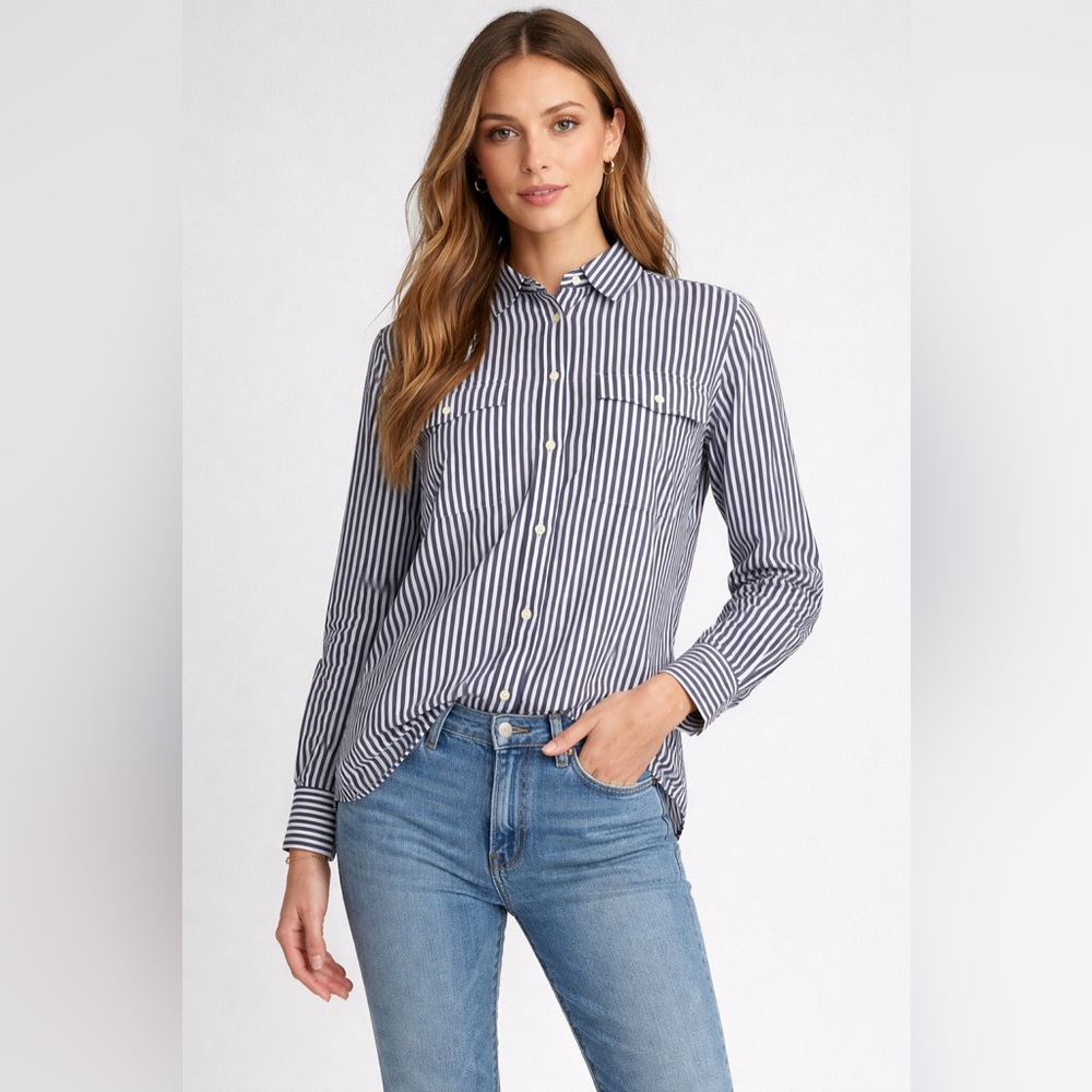 Lauren Ralph Lauren Navy Blue and White Vertical Stripe Button-Down Shirt Size M